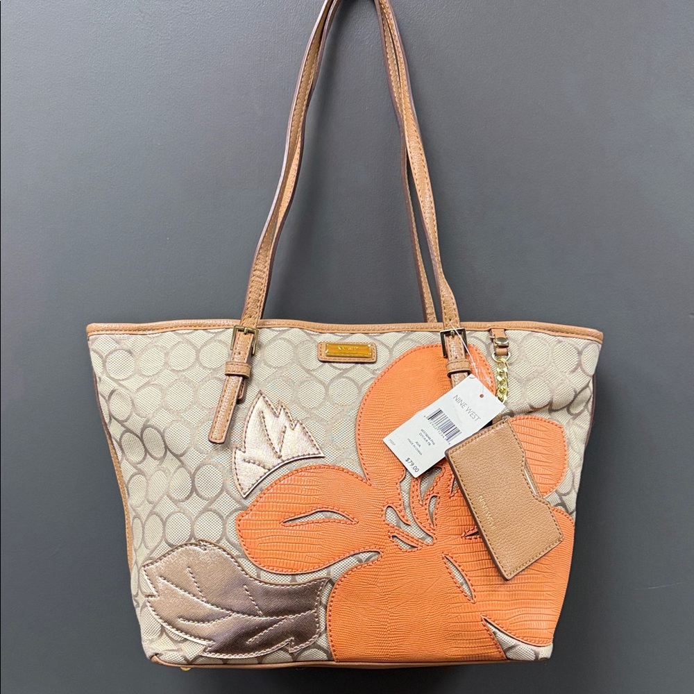 Nine West Beige Canvas Tote with Orange Floral Appliqué and Tan Trim